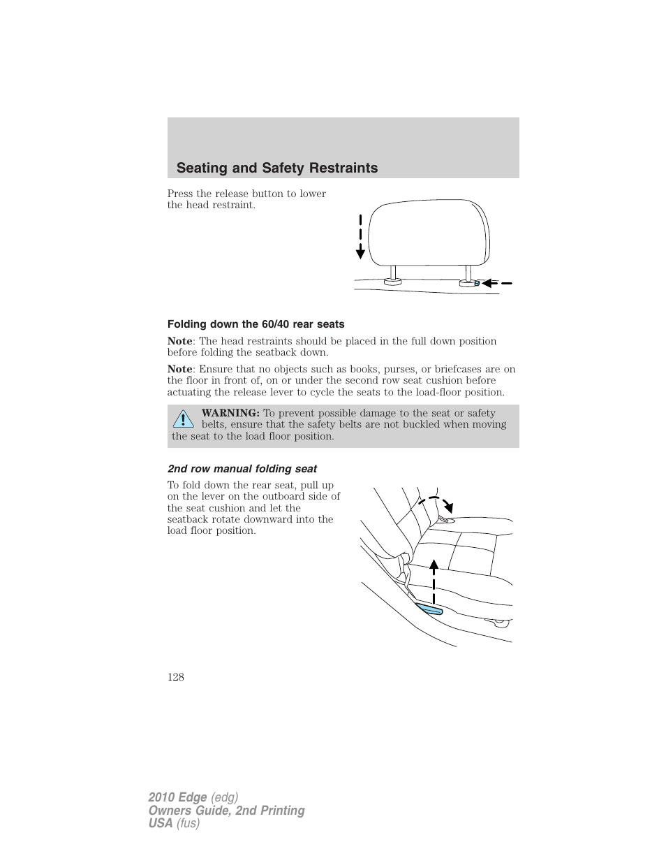 Folding down the 60/40 rear seats, 2nd row manual folding seat, Seating and safety restraints | FORD 2010 Edge v.2 User Manual | Page 128 / 324