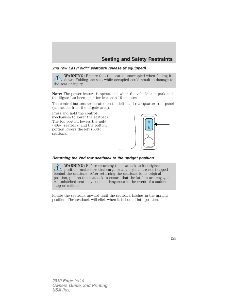 2nd row easyfold™ seatback release (if equipped), Seating and safety restraints | FORD 2010 Edge v.2 User Manual | Page 129 / 324