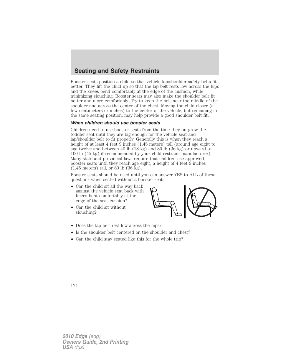 When children should use booster seats, Seating and safety restraints | FORD 2010 Edge v.2 User Manual | Page 174 / 324