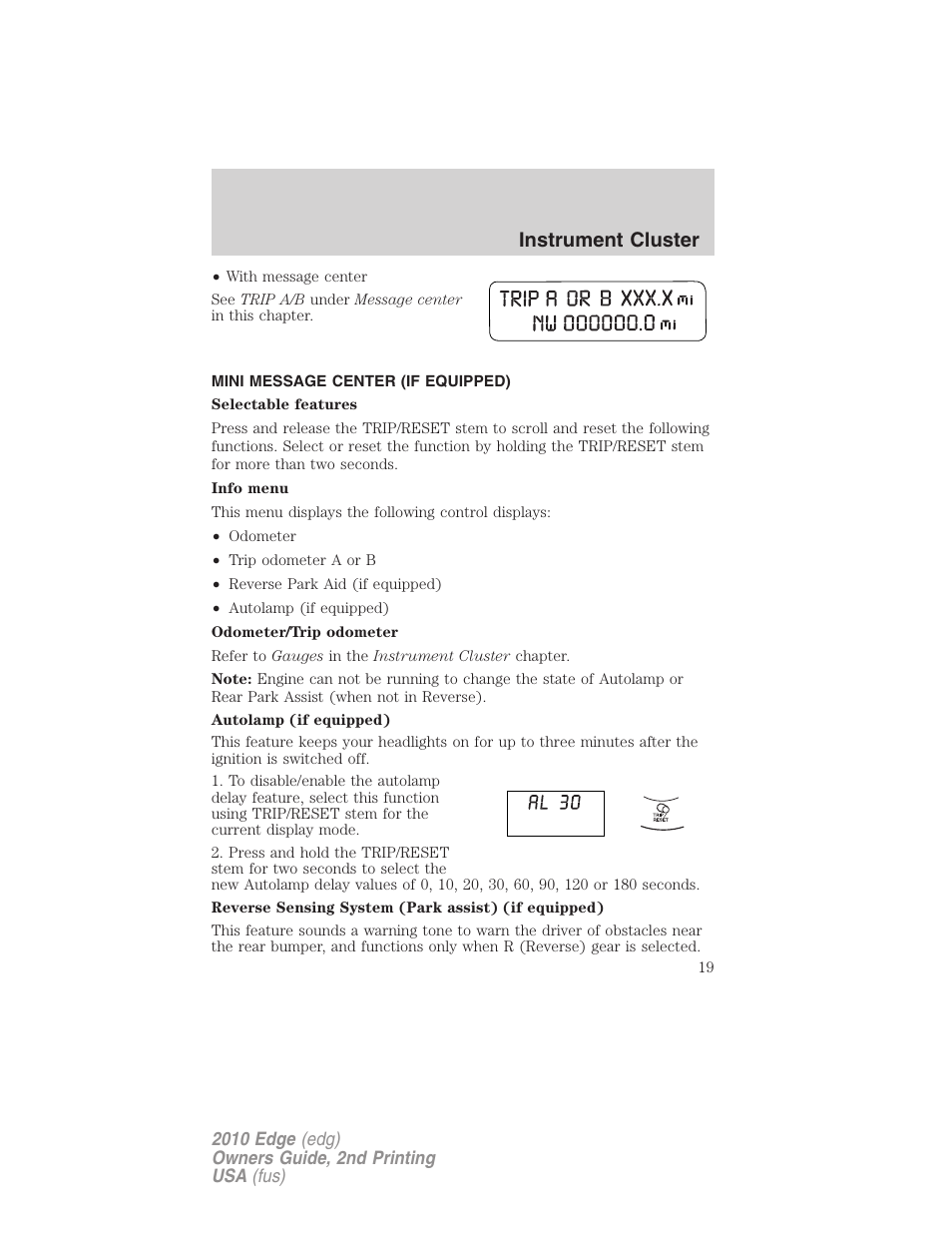 Mini message center (if equipped), Message center, Instrument cluster | FORD 2010 Edge v.2 User Manual | Page 19 / 324