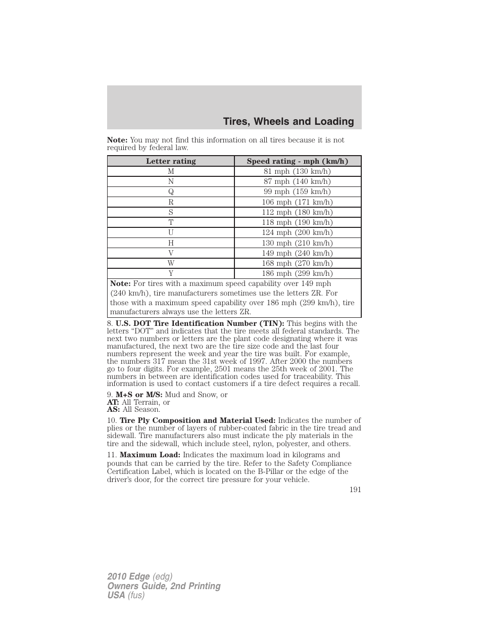 Tires, wheels and loading | FORD 2010 Edge v.2 User Manual | Page 191 / 324