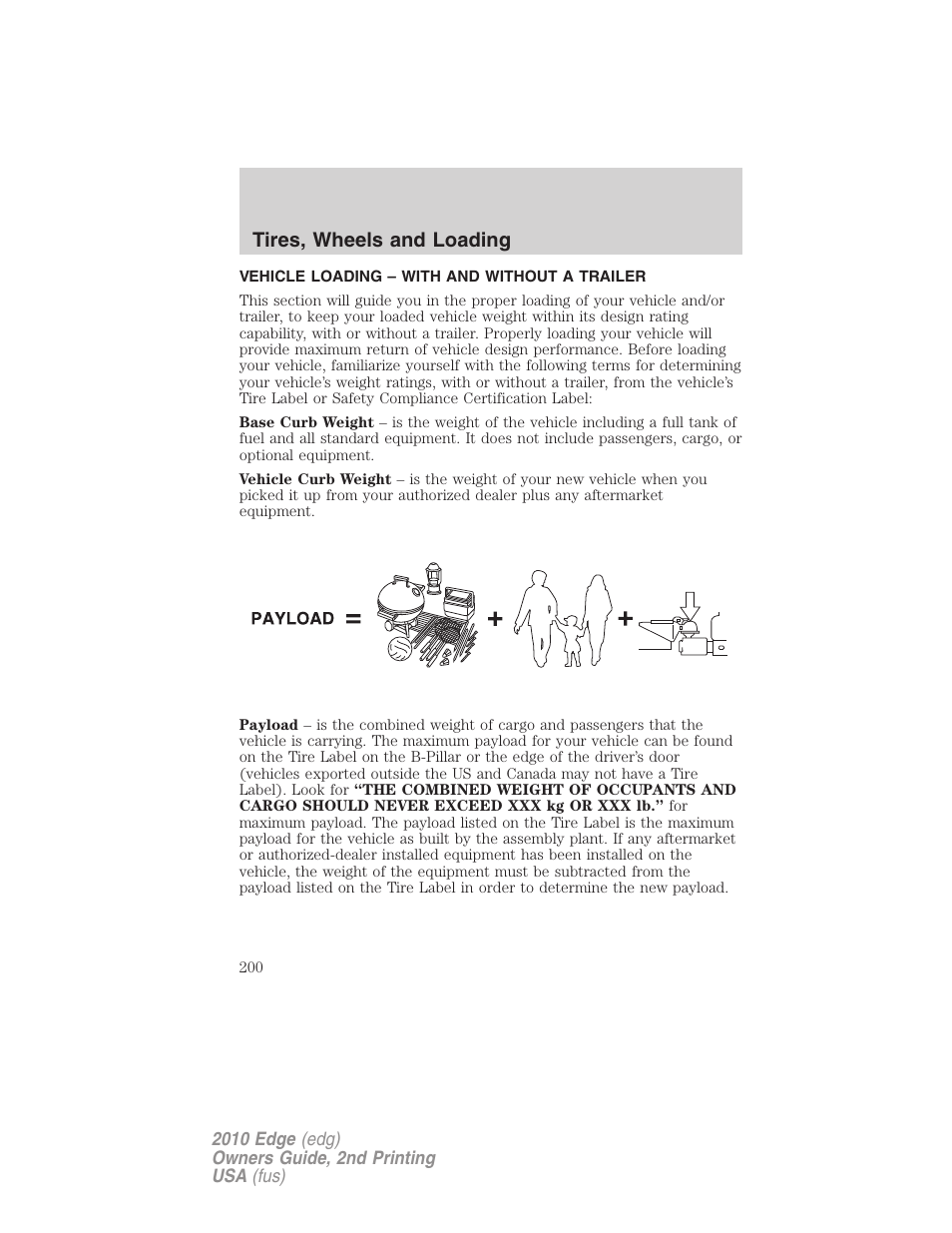 Vehicle loading – with and without a trailer, Vehicle loading, Tires, wheels and loading | FORD 2010 Edge v.2 User Manual | Page 200 / 324