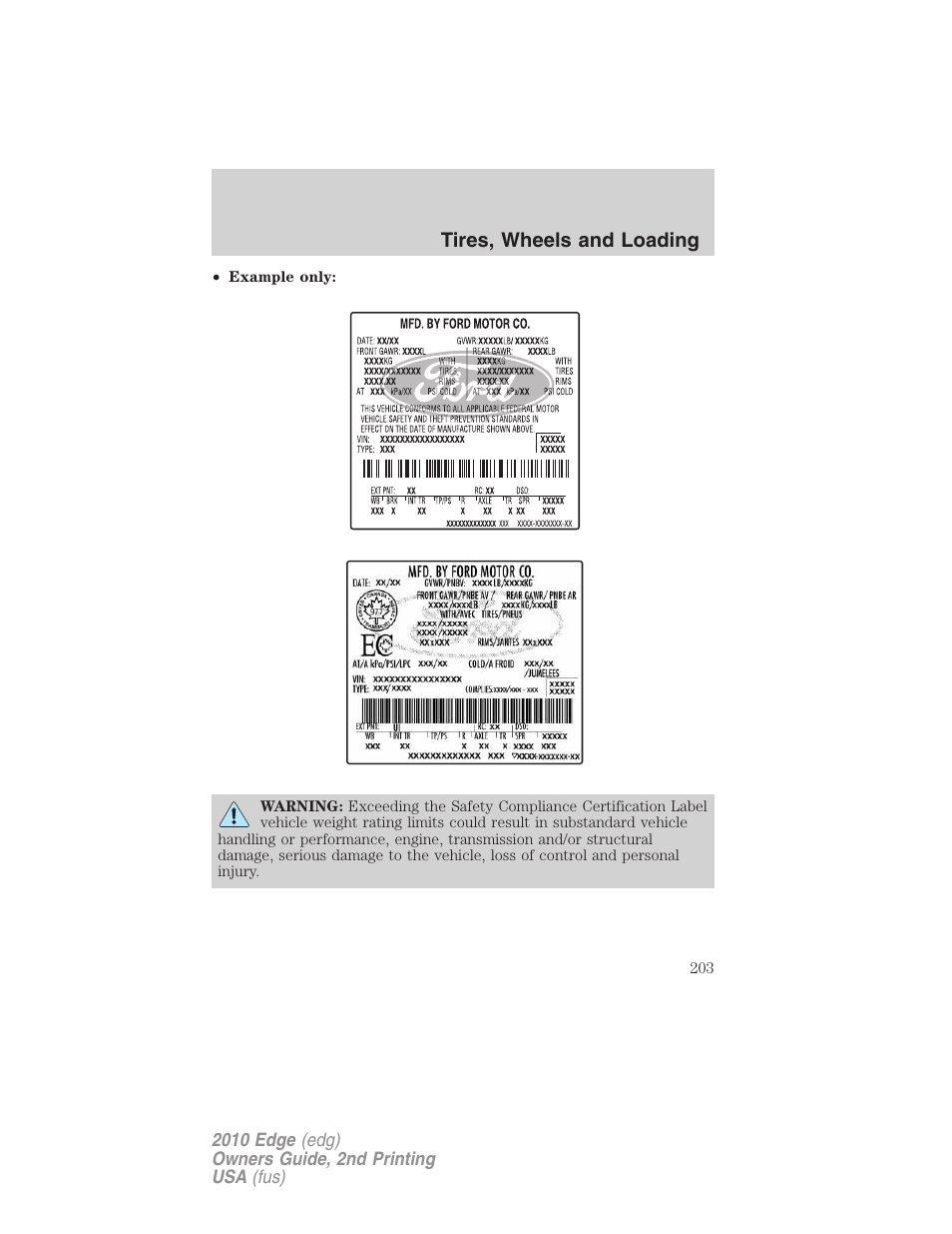 Tires, wheels and loading | FORD 2010 Edge v.2 User Manual | Page 203 / 324