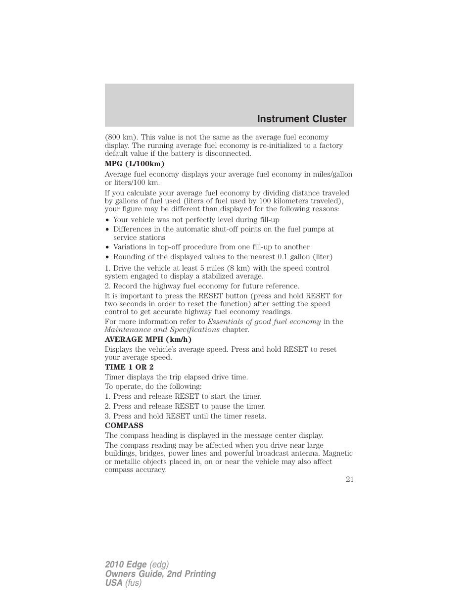 Instrument cluster | FORD 2010 Edge v.2 User Manual | Page 21 / 324