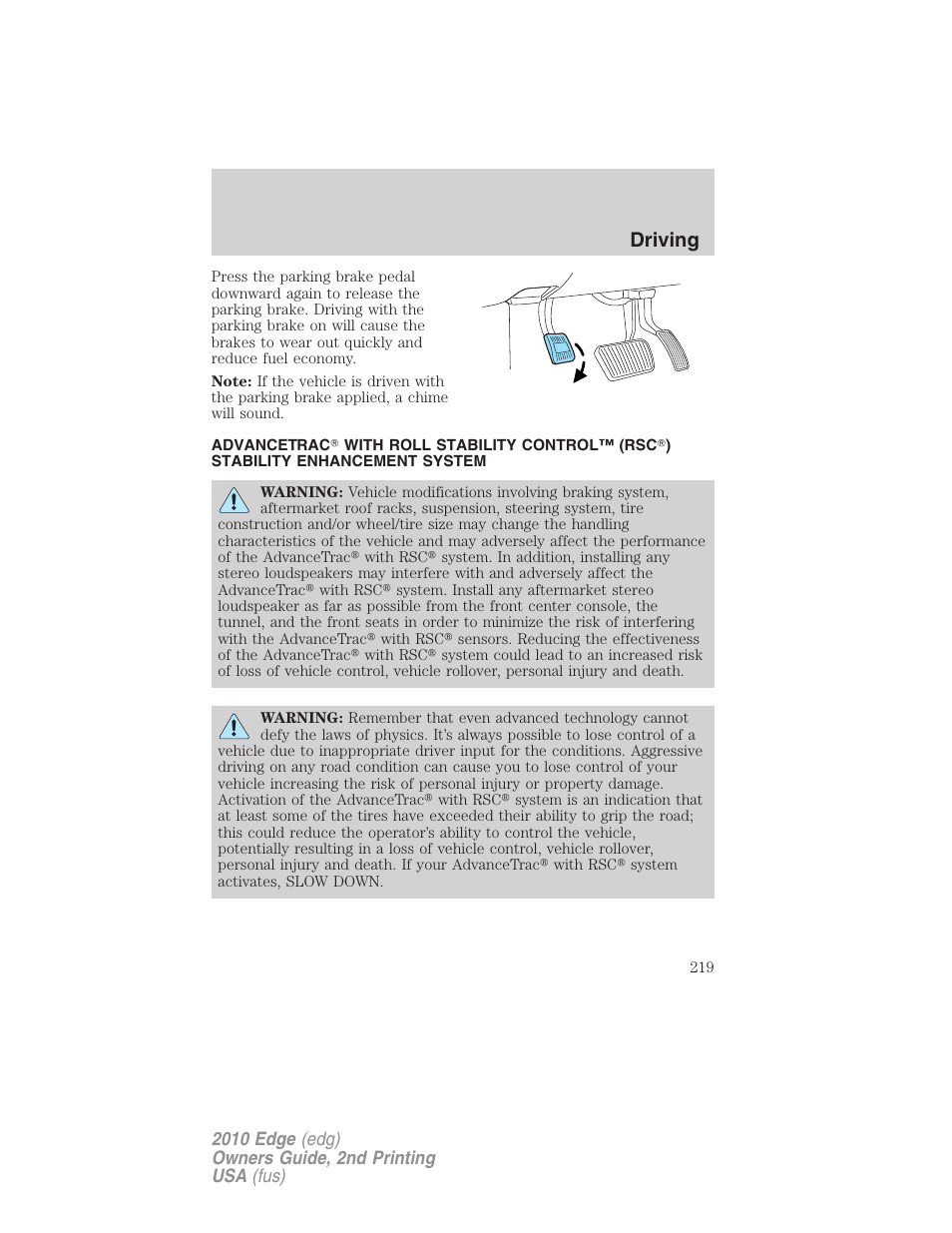 Advancetrac, Driving | FORD 2010 Edge v.2 User Manual | Page 219 / 324