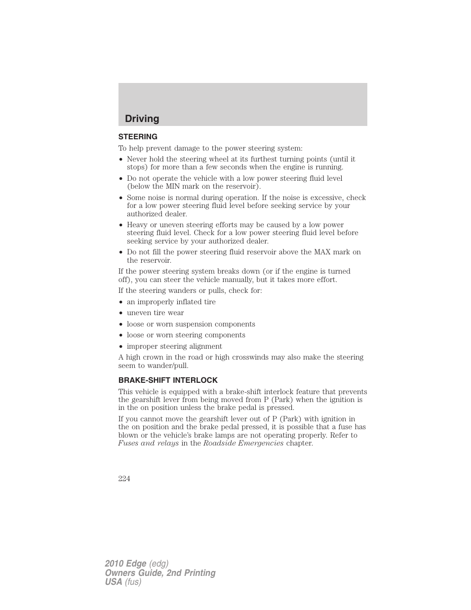 Steering, Brake-shift interlock, Driving | FORD 2010 Edge v.2 User Manual | Page 224 / 324