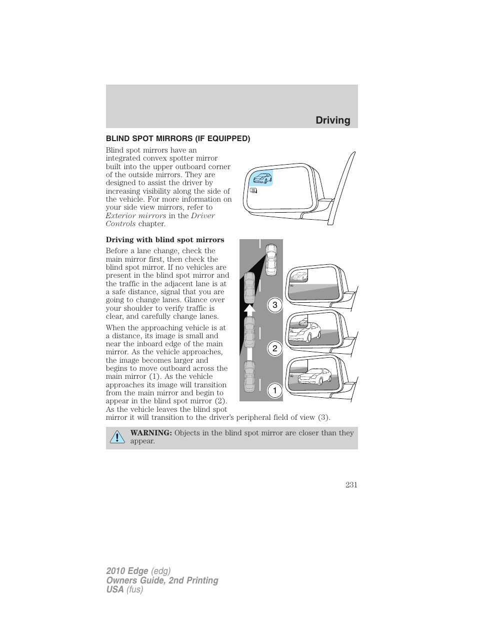 Blind spot mirrors (if equipped), Driving | FORD 2010 Edge v.2 User Manual | Page 231 / 324