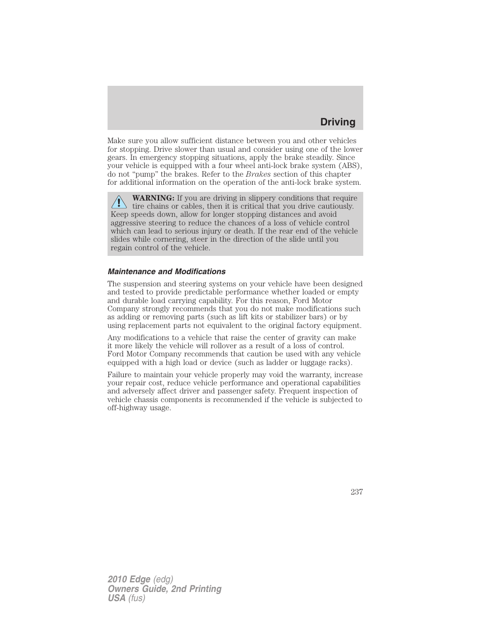 Maintenance and modifications, Driving | FORD 2010 Edge v.2 User Manual | Page 237 / 324