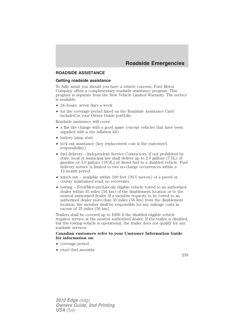 Roadside emergencies, Roadside assistance, Getting roadside assistance | FORD 2010 Edge v.2 User Manual | Page 239 / 324