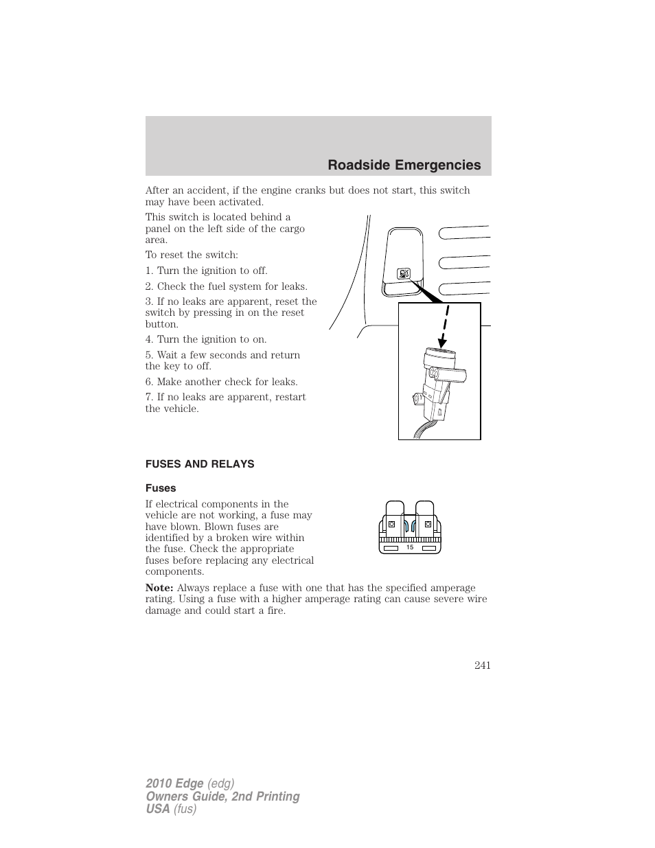 Fuses and relays, Fuses, Roadside emergencies | FORD 2010 Edge v.2 User Manual | Page 241 / 324