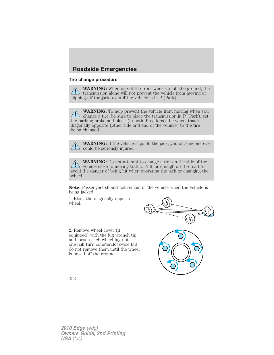 Tire change procedure, Roadside emergencies | FORD 2010 Edge v.2 User Manual | Page 252 / 324