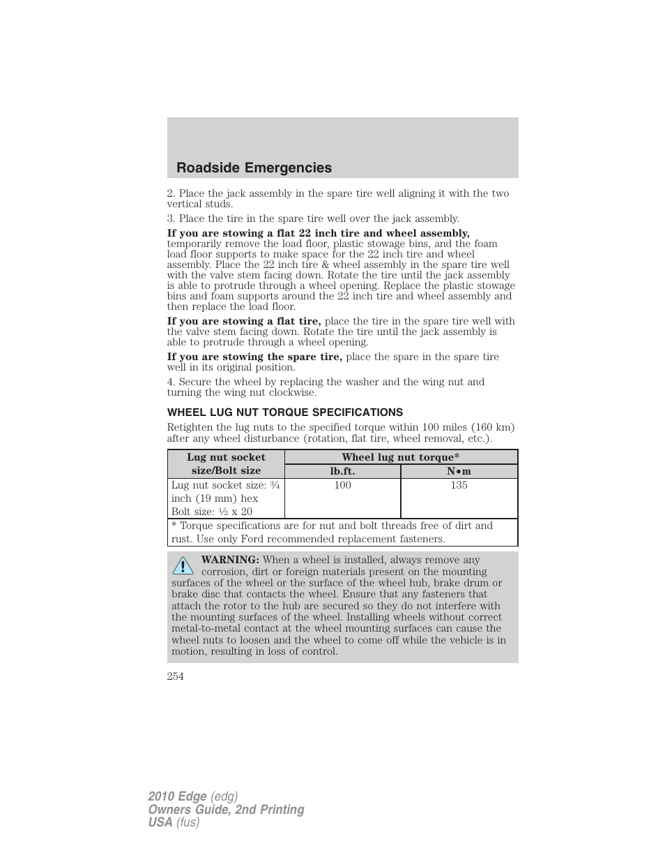 Wheel lug nut torque specifications, Wheel lug nut torque, Roadside emergencies | FORD 2010 Edge v.2 User Manual | Page 254 / 324