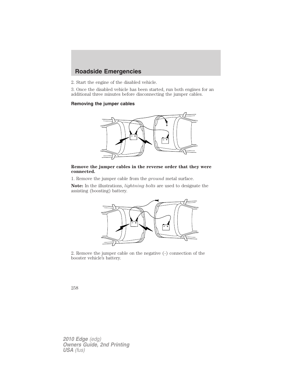 Removing the jumper cables, Roadside emergencies | FORD 2010 Edge v.2 User Manual | Page 258 / 324