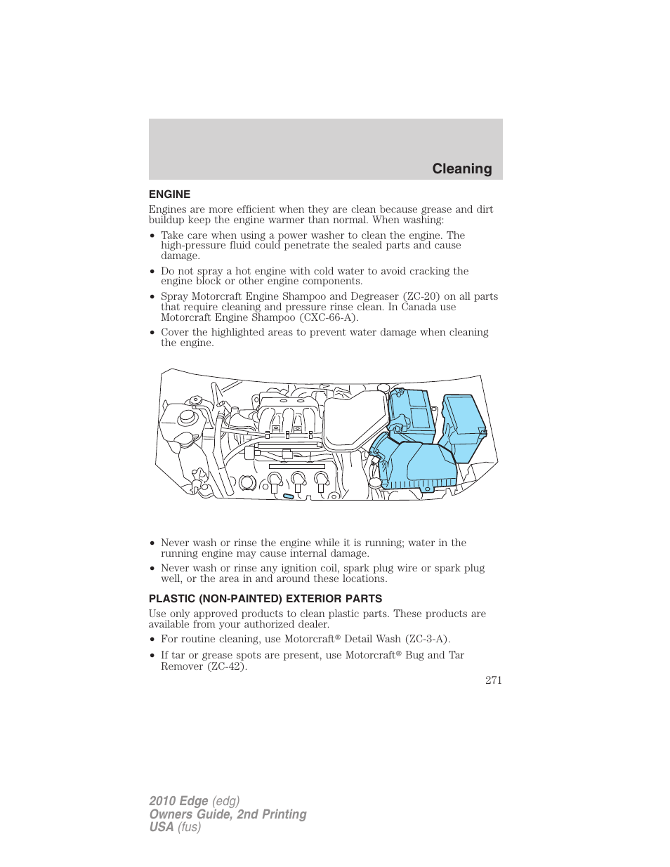 Engine, Plastic (non-painted) exterior parts, Cleaning | FORD 2010 Edge v.2 User Manual | Page 271 / 324