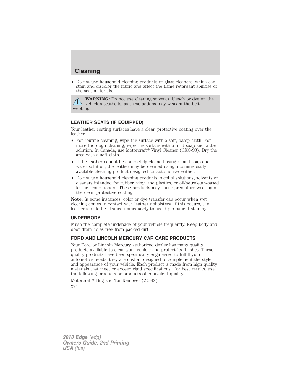 Leather seats (if equipped), Underbody, Ford and lincoln mercury car care products | Cleaning | FORD 2010 Edge v.2 User Manual | Page 274 / 324