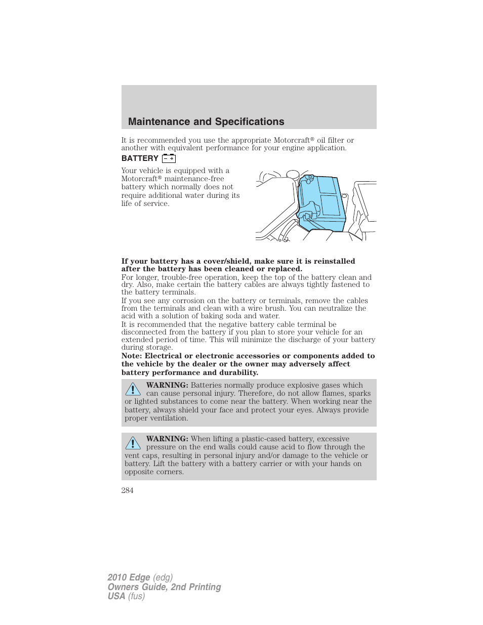 Battery, Maintenance and specifications | FORD 2010 Edge v.2 User Manual | Page 284 / 324