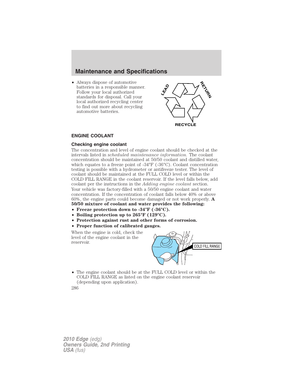 Engine coolant, Checking engine coolant, Maintenance and specifications | FORD 2010 Edge v.2 User Manual | Page 286 / 324