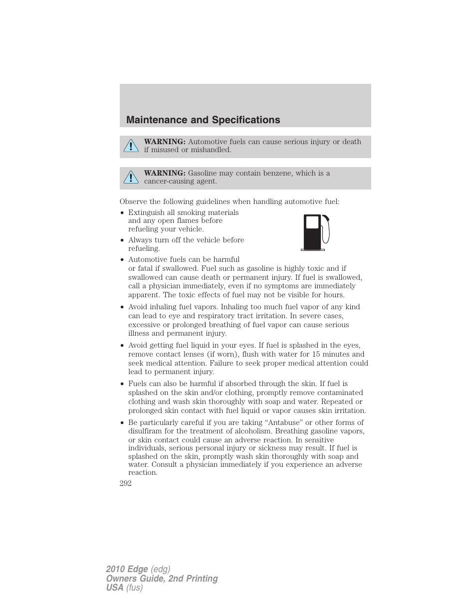 Maintenance and specifications | FORD 2010 Edge v.2 User Manual | Page 292 / 324