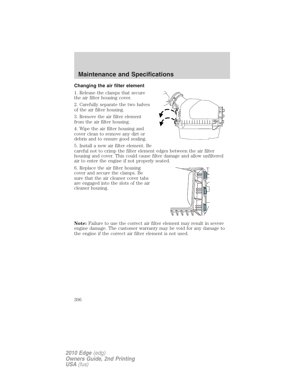 Changing the air filter element, Maintenance and specifications | FORD 2010 Edge v.2 User Manual | Page 306 / 324