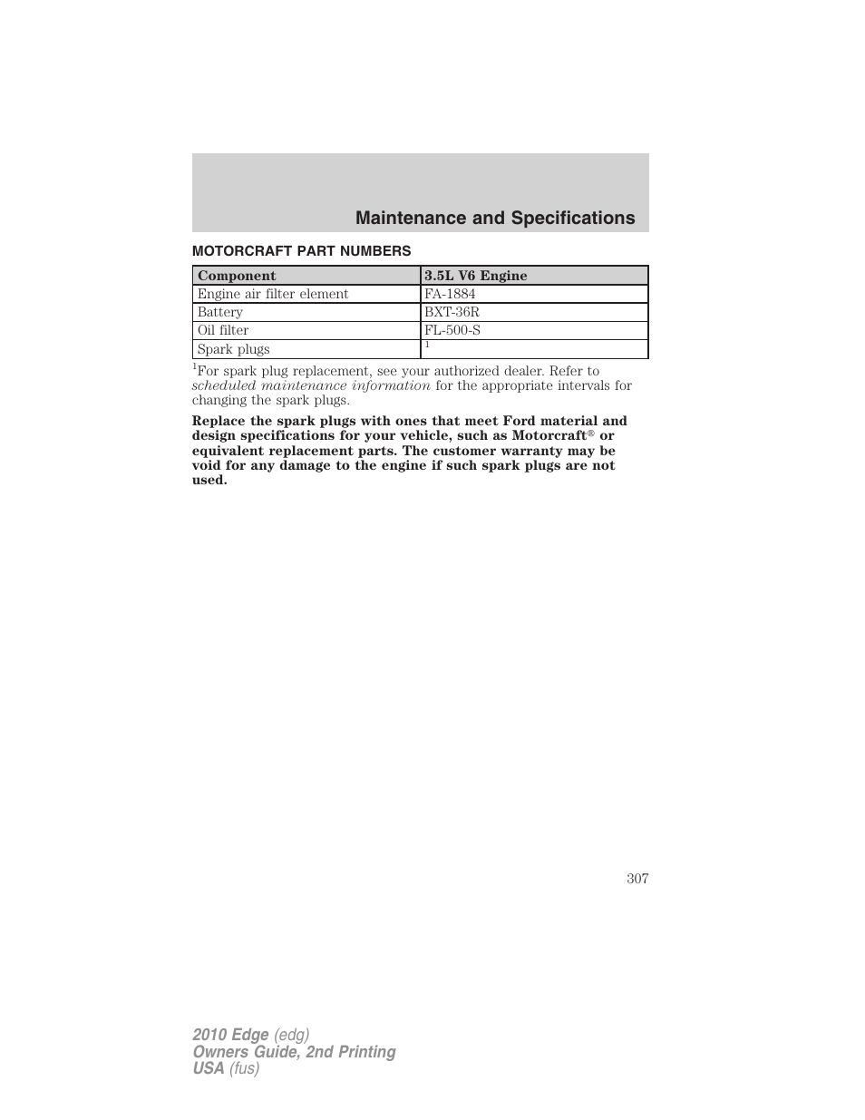 Motorcraft part numbers, Part numbers, Maintenance and specifications | FORD 2010 Edge v.2 User Manual | Page 307 / 324