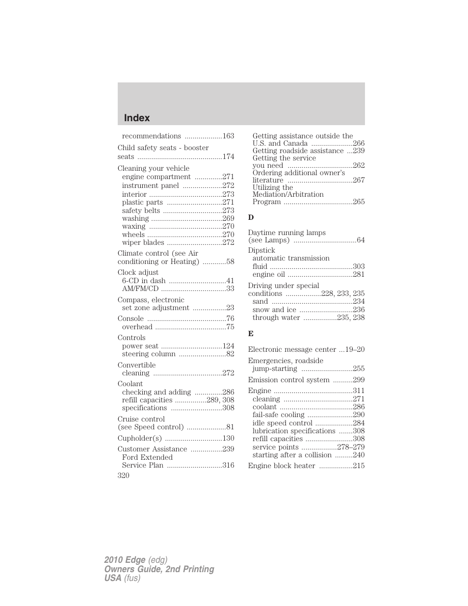 Index | FORD 2010 Edge v.2 User Manual | Page 320 / 324
