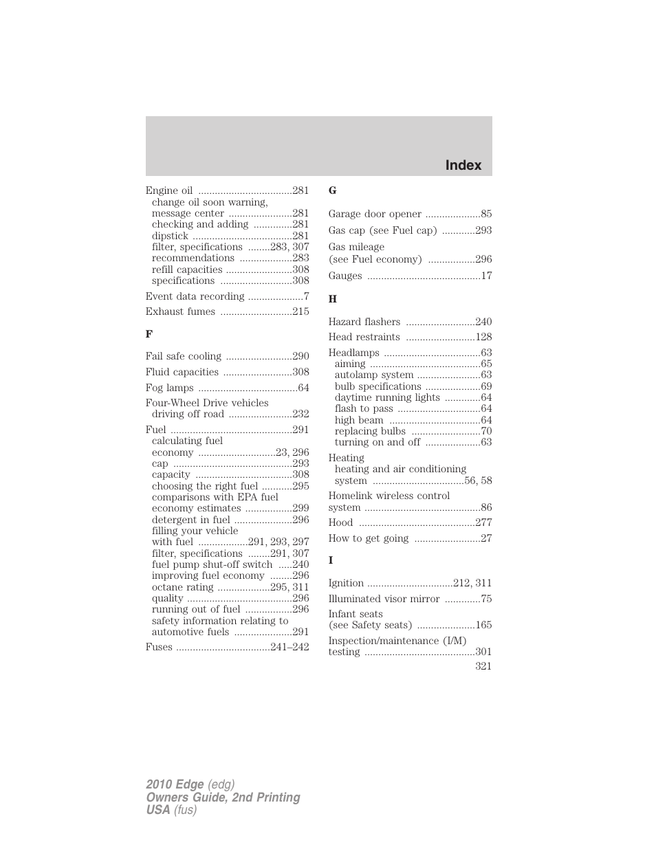Index | FORD 2010 Edge v.2 User Manual | Page 321 / 324