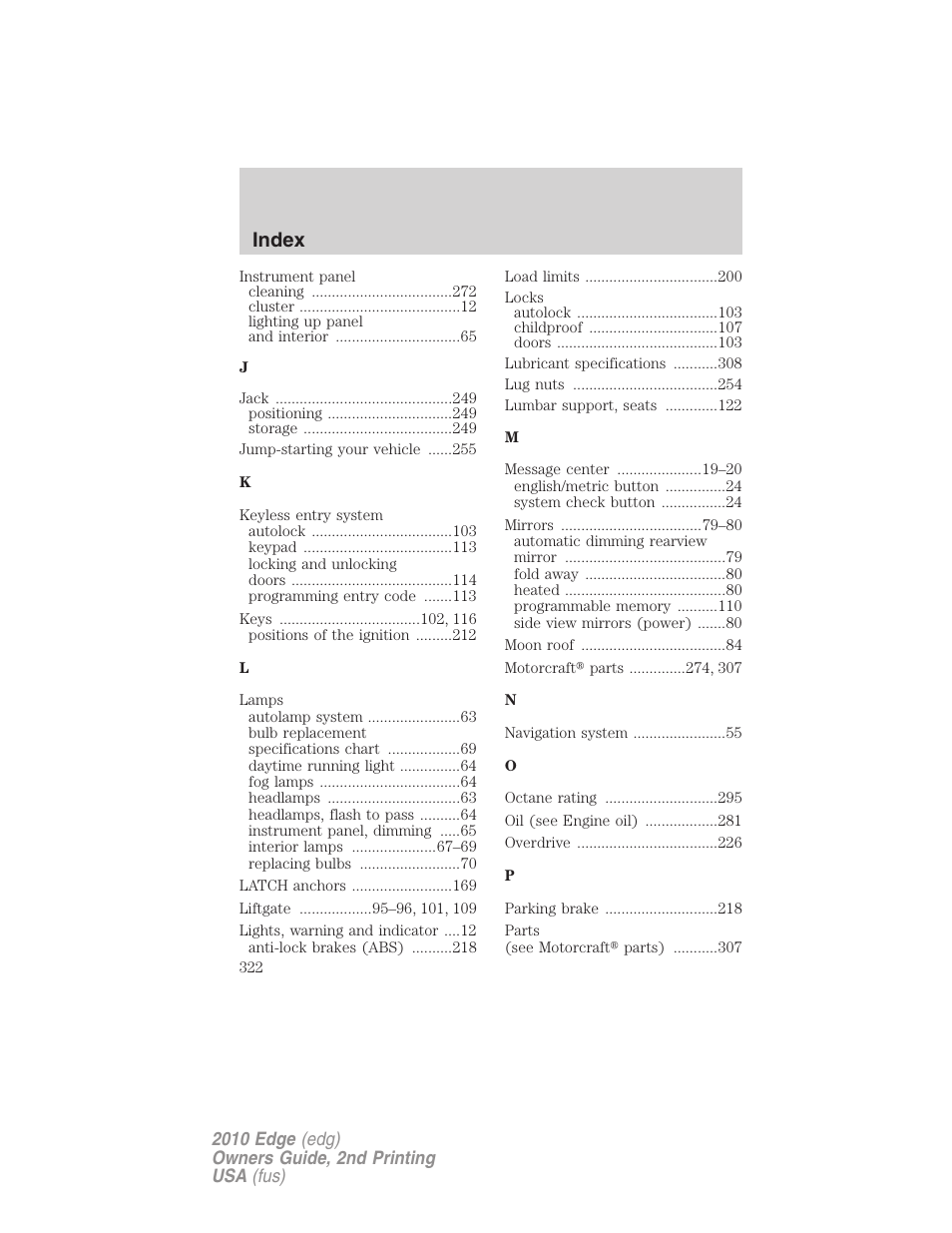 Index | FORD 2010 Edge v.2 User Manual | Page 322 / 324