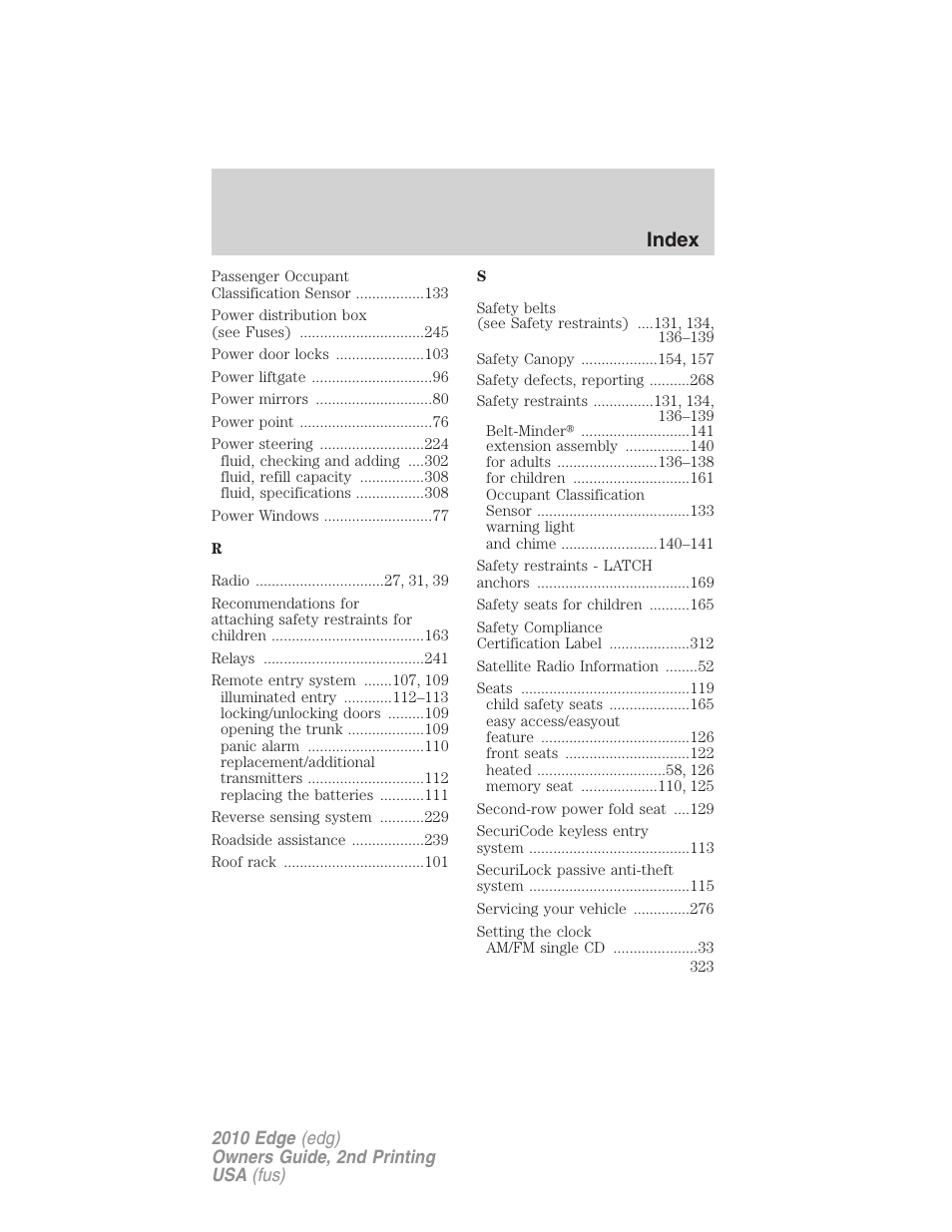 Index | FORD 2010 Edge v.2 User Manual | Page 323 / 324