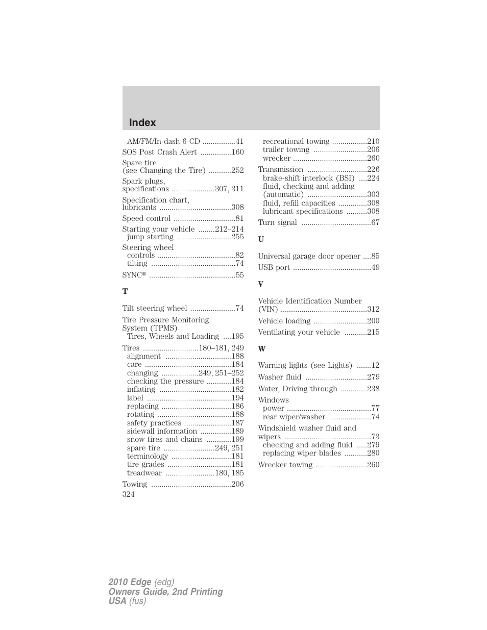 Index | FORD 2010 Edge v.2 User Manual | Page 324 / 324