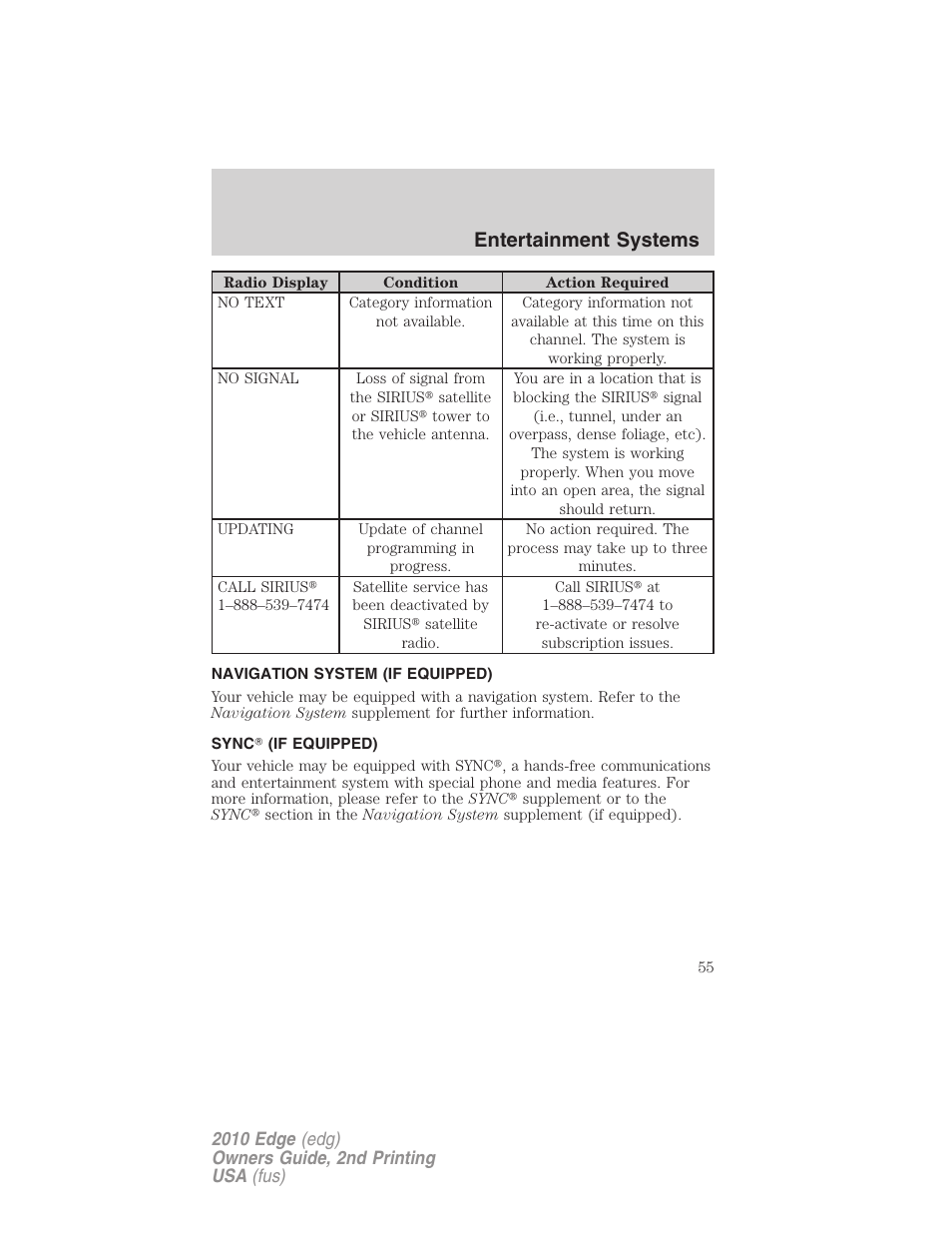 Navigation system (if equipped), Sync (if equipped), Navigation system | Sync, Entertainment systems | FORD 2010 Edge v.2 User Manual | Page 55 / 324