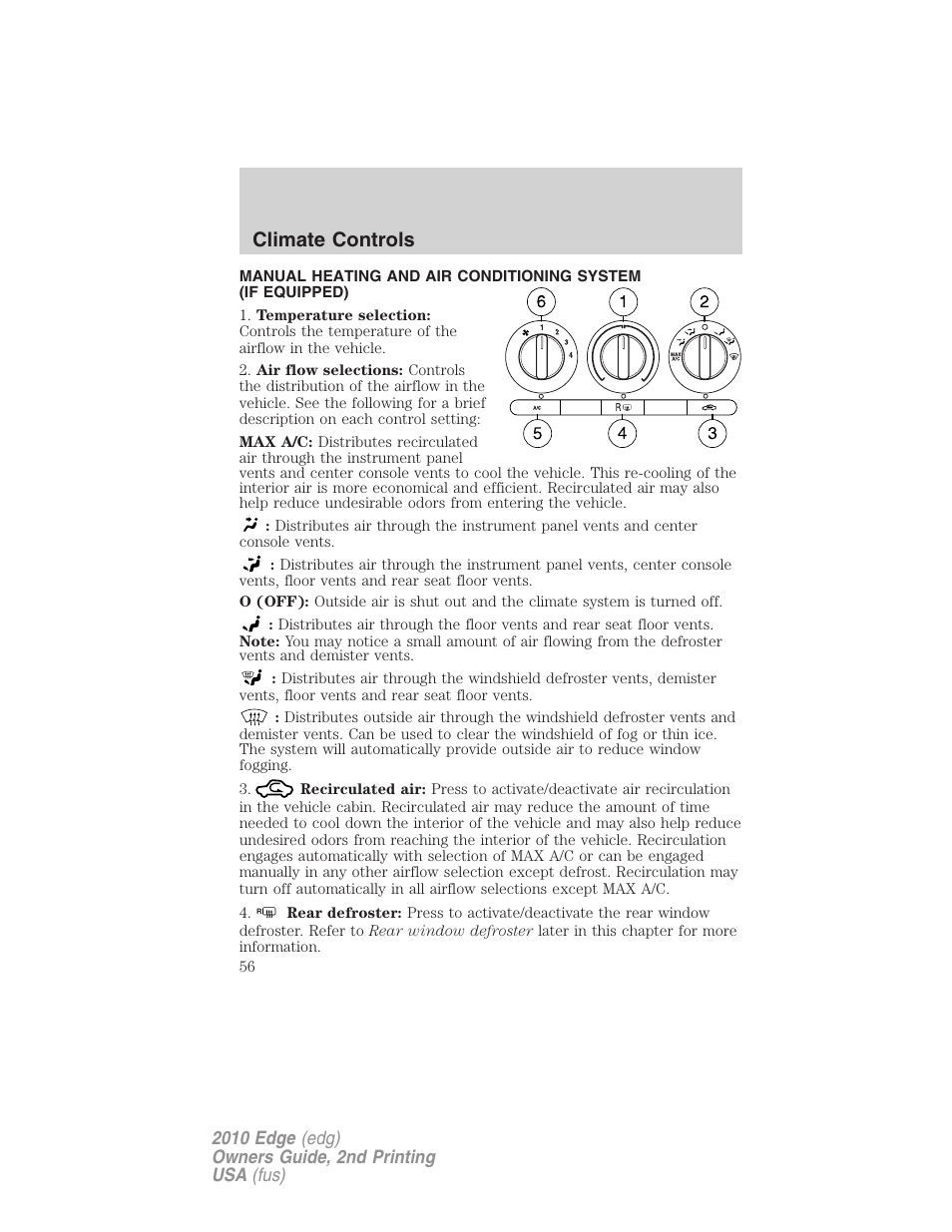Climate controls, Manual heating and air conditioning | FORD 2010 Edge v.2 User Manual | Page 56 / 324