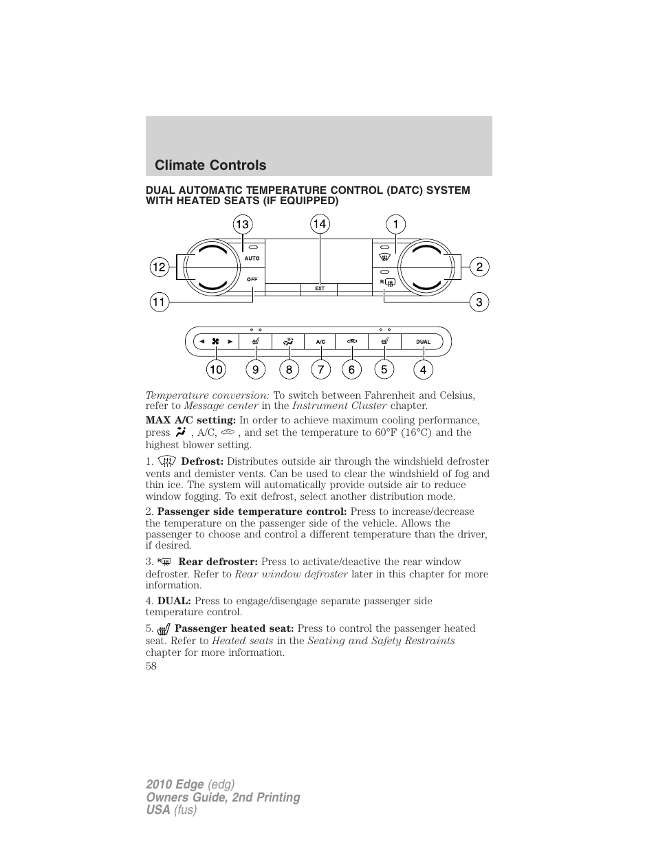 Automatic temperature control, Climate controls | FORD 2010 Edge v.2 User Manual | Page 58 / 324