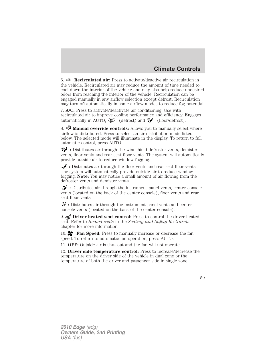 Climate controls | FORD 2010 Edge v.2 User Manual | Page 59 / 324