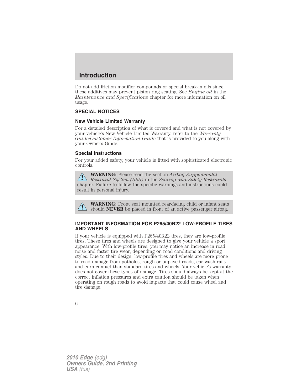 Special notices, New vehicle limited warranty, Special instructions | Introduction | FORD 2010 Edge v.2 User Manual | Page 6 / 324