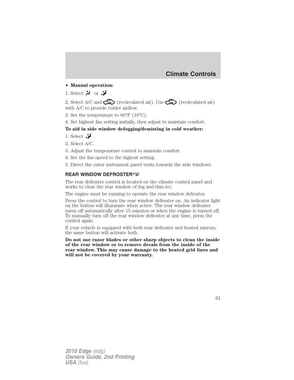 Rear window defroster, Climate controls | FORD 2010 Edge v.2 User Manual | Page 61 / 324
