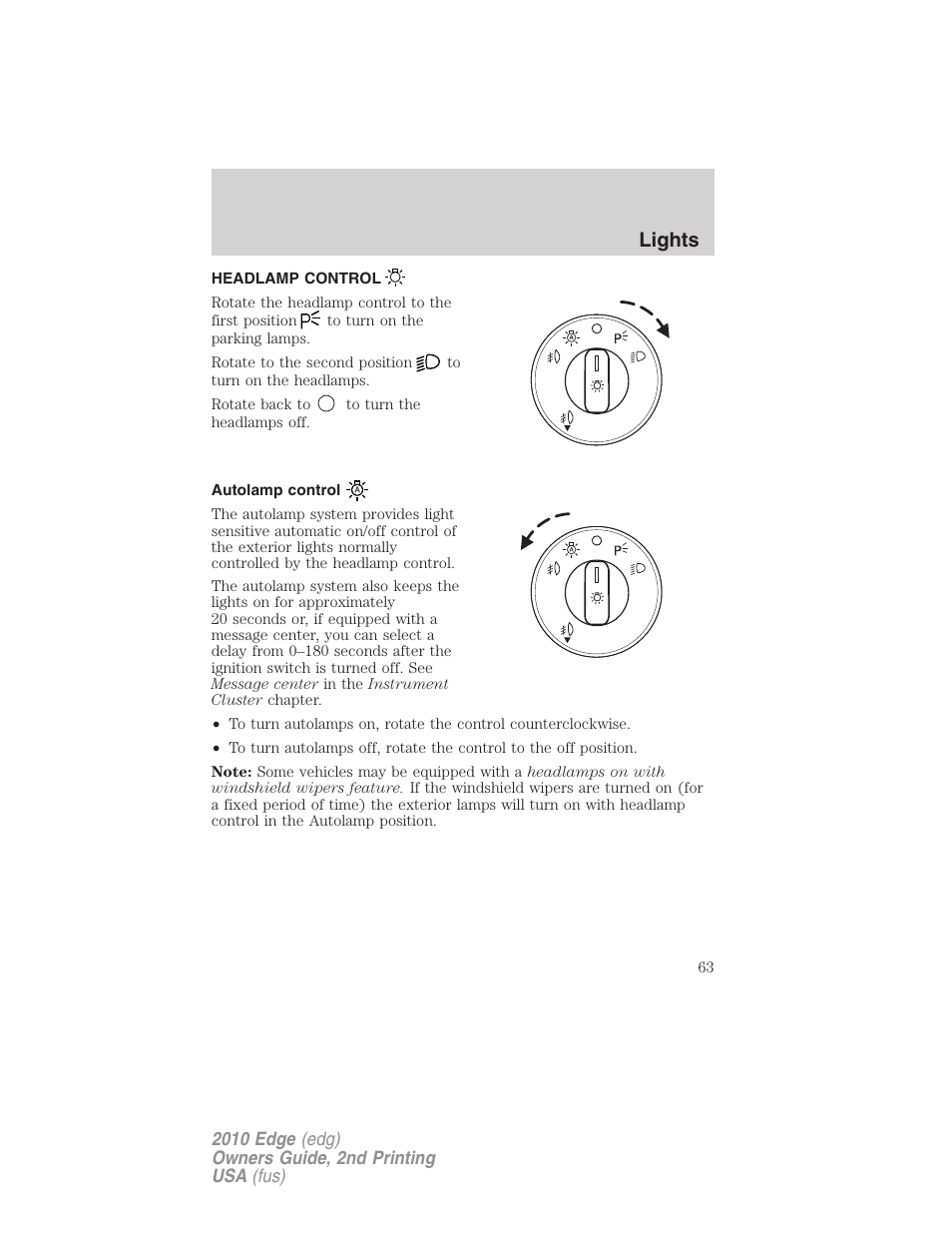 Lights, Headlamp control, Autolamp control | Headlamps | FORD 2010 Edge v.2 User Manual | Page 63 / 324
