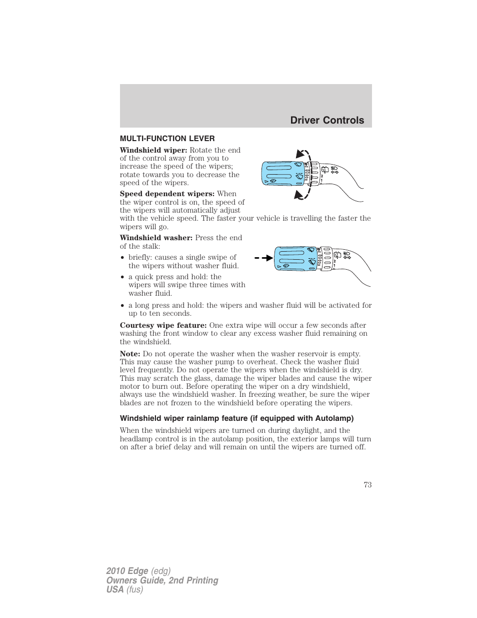Driver controls, Multi-function lever, Windshield wiper/washer control | FORD 2010 Edge v.2 User Manual | Page 73 / 324