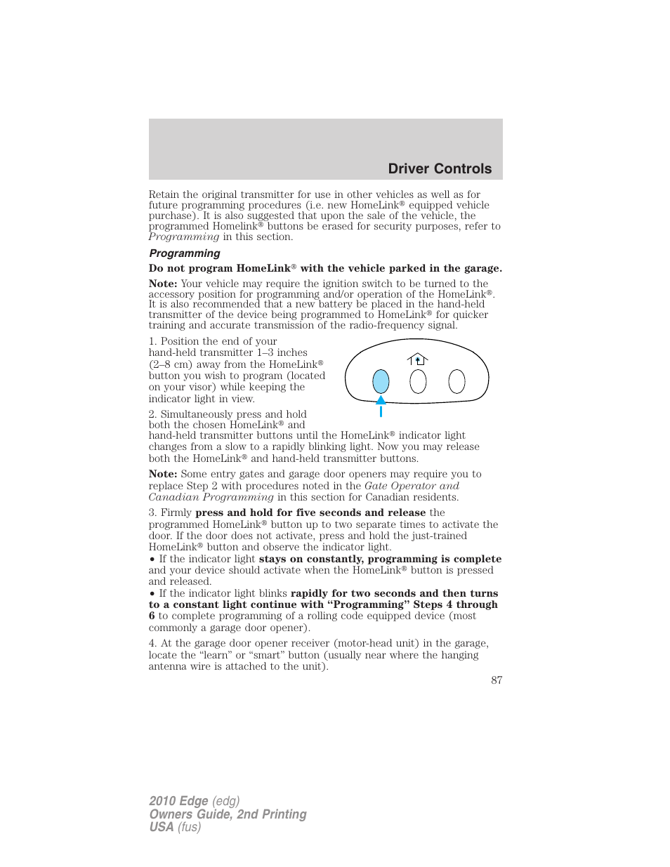 Programming, Driver controls | FORD 2010 Edge v.2 User Manual | Page 87 / 324