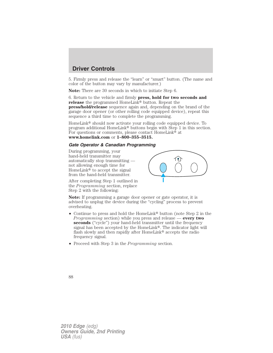 Gate operator & canadian programming, Driver controls | FORD 2010 Edge v.2 User Manual | Page 88 / 324