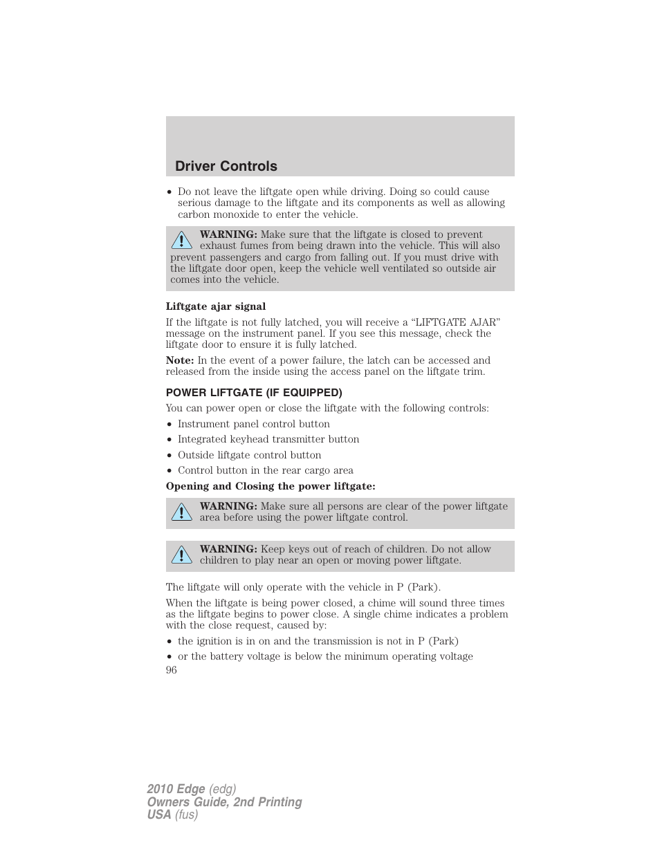 Power liftgate (if equipped), Driver controls | FORD 2010 Edge v.2 User Manual | Page 96 / 324