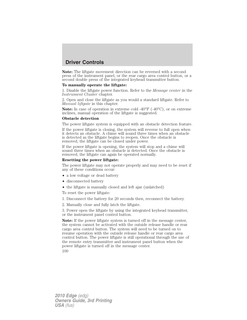 Driver controls | FORD 2010 Edge v.3 User Manual | Page 100 / 326