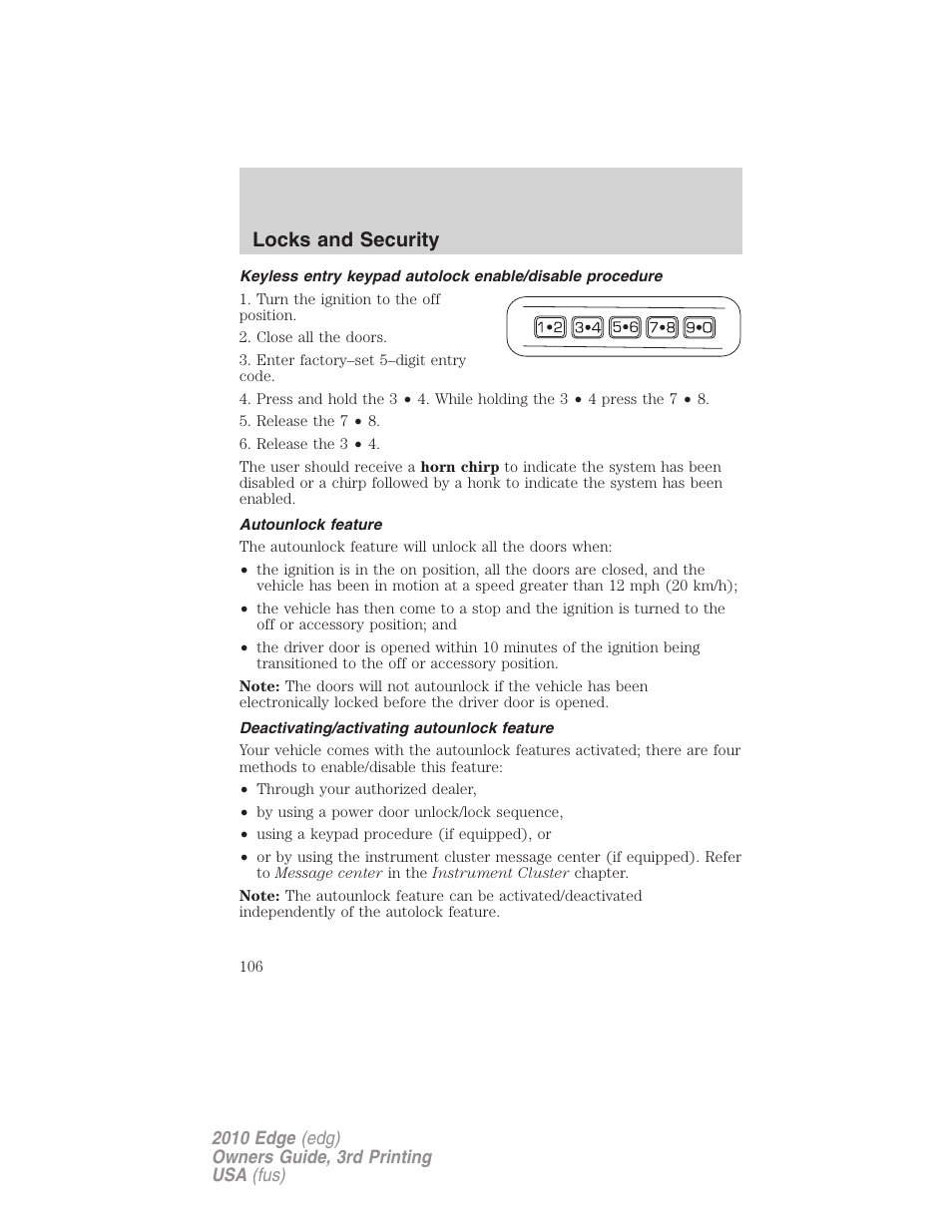 Autounlock feature, Deactivating/activating autounlock feature, Locks and security | FORD 2010 Edge v.3 User Manual | Page 106 / 326