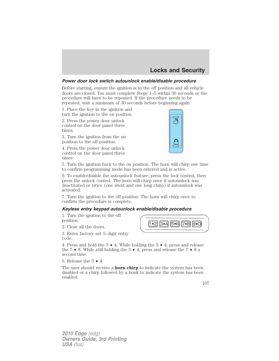 Locks and security | FORD 2010 Edge v.3 User Manual | Page 107 / 326