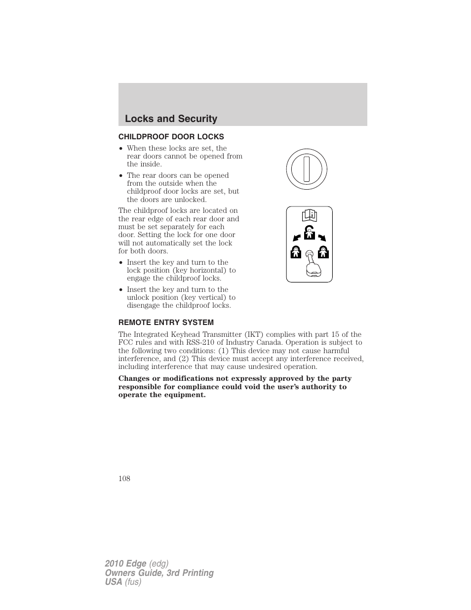 Childproof door locks, Remote entry system, Locks and security | FORD 2010 Edge v.3 User Manual | Page 108 / 326
