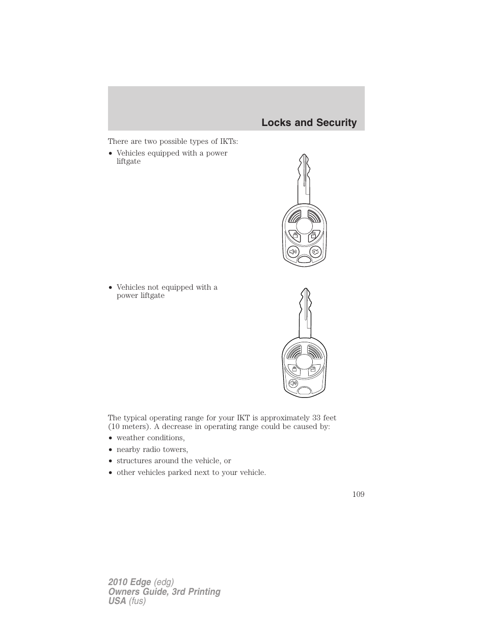 Locks and security | FORD 2010 Edge v.3 User Manual | Page 109 / 326