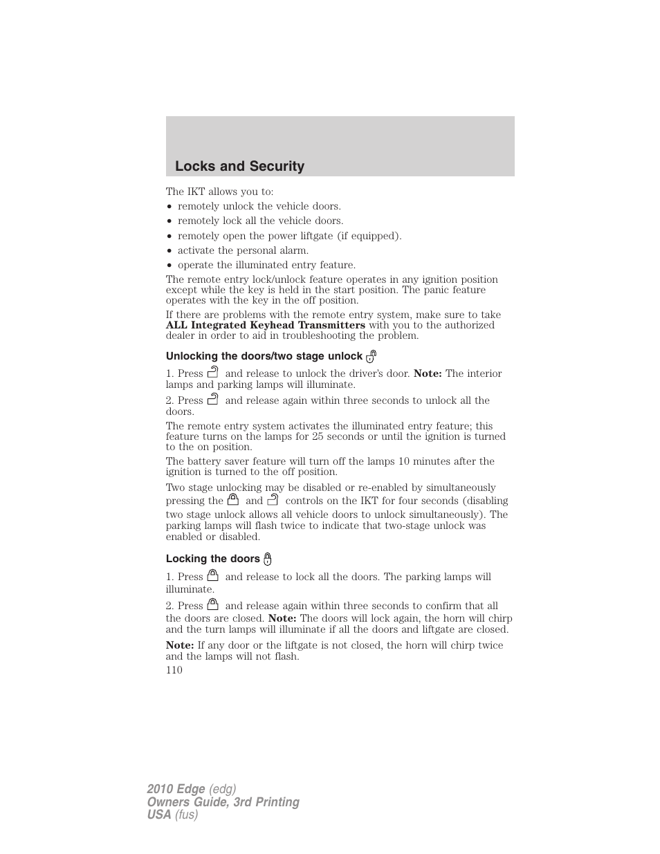 Unlocking the doors/two stage unlock, Locking the doors, Locks and security | FORD 2010 Edge v.3 User Manual | Page 110 / 326