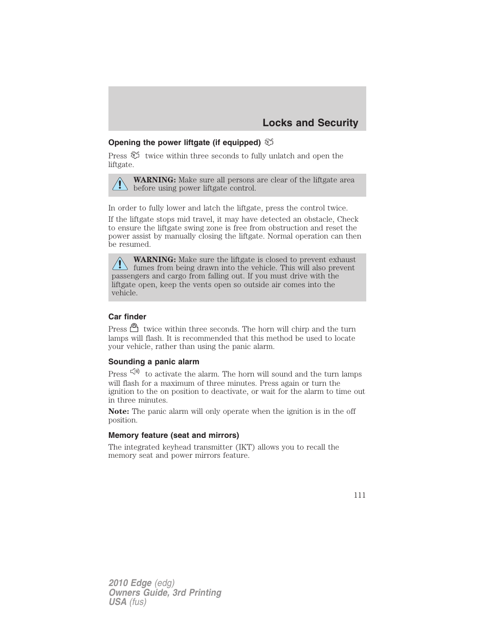 Opening the power liftgate (if equipped), Car finder, Sounding a panic alarm | Memory feature (seat and mirrors), Locks and security | FORD 2010 Edge v.3 User Manual | Page 111 / 326