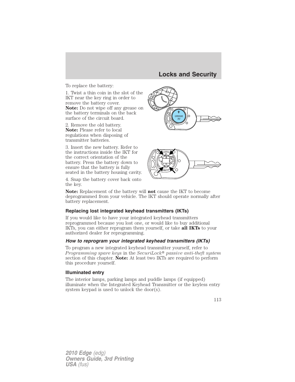Illuminated entry, Locks and security | FORD 2010 Edge v.3 User Manual | Page 113 / 326