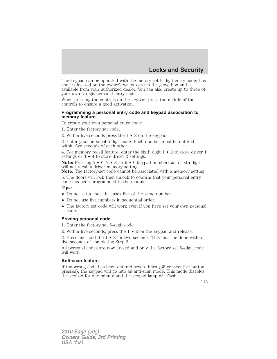 Erasing personal code, Anti-scan feature, Locks and security | FORD 2010 Edge v.3 User Manual | Page 115 / 326