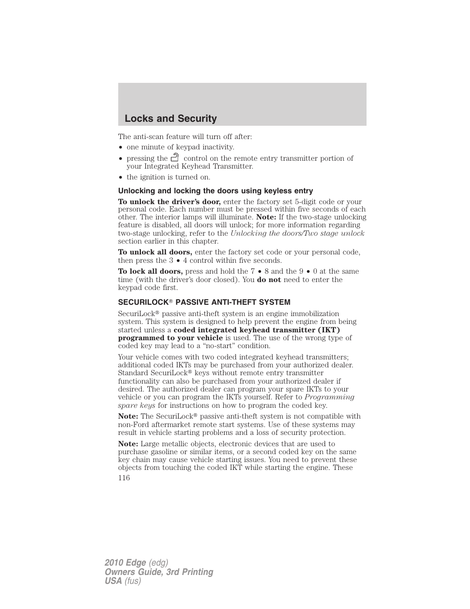 Securilock passive anti-theft system, Anti-theft system, Locks and security | FORD 2010 Edge v.3 User Manual | Page 116 / 326